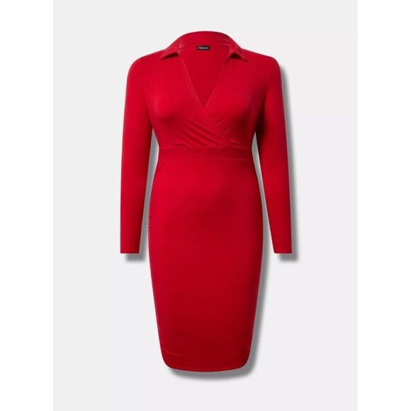 Torrid Mini Jersey Long Sleeve Collar Surplice red Dress - Picture 1 of 13